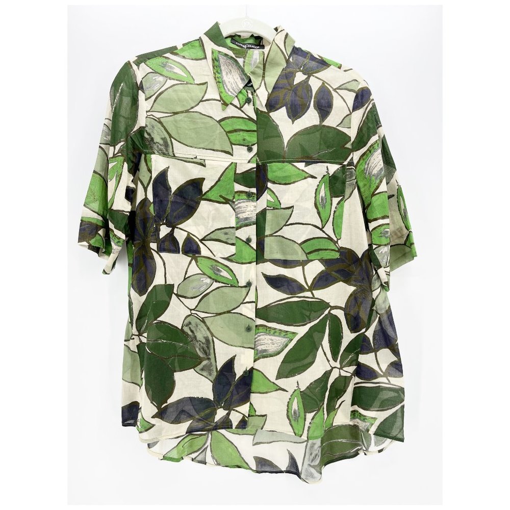 LUISA CERANO green jungle print button down semi-sheer blouse sz 8